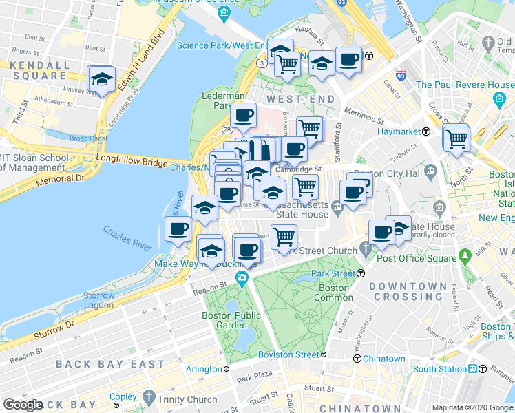 map of restaurants, bars, coffee shops, grocery stores, and more near in Boston