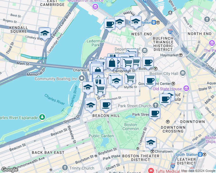 map of restaurants, bars, coffee shops, grocery stores, and more near 34 Grove Street in Boston