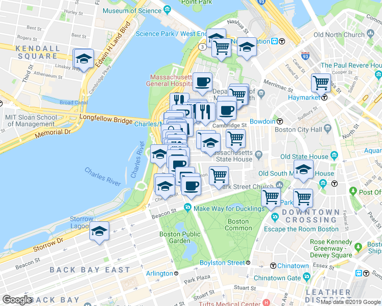 map of restaurants, bars, coffee shops, grocery stores, and more near 67 West Cedar Street in Boston