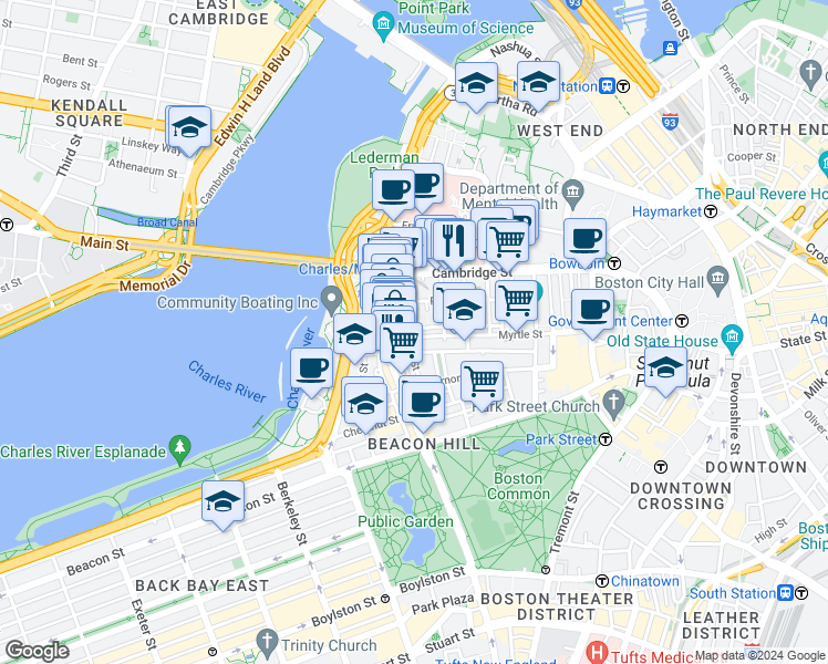 map of restaurants, bars, coffee shops, grocery stores, and more near 67 West Cedar Street in Boston