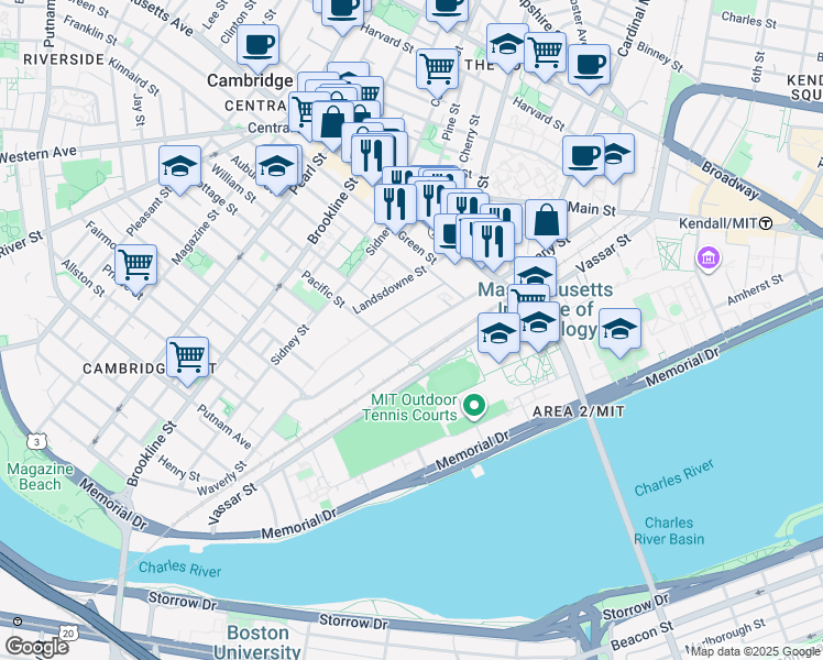 map of restaurants, bars, coffee shops, grocery stores, and more near 80 Landsdowne Street in Cambridge