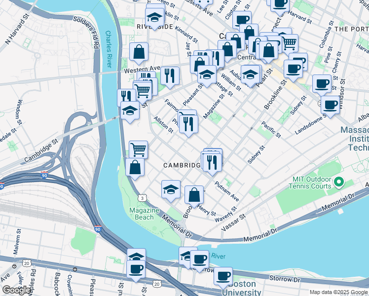 map of restaurants, bars, coffee shops, grocery stores, and more near 111 Magazine Street in Cambridge