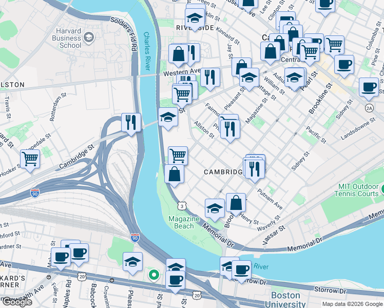map of restaurants, bars, coffee shops, grocery stores, and more near in Cambridge