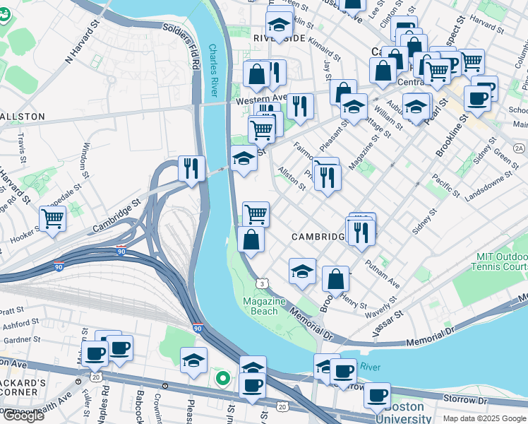 map of restaurants, bars, coffee shops, grocery stores, and more near in Cambridge
