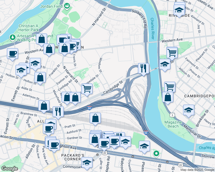 map of restaurants, bars, coffee shops, grocery stores, and more near 24 Windom Street in Boston
