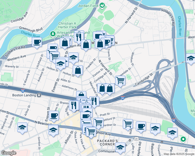 map of restaurants, bars, coffee shops, grocery stores, and more near 24 Easton Street in Brookline