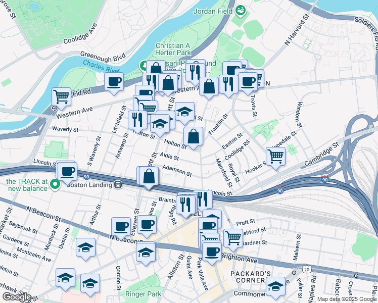 map of restaurants, bars, coffee shops, grocery stores, and more near 52 Athol Street in Boston