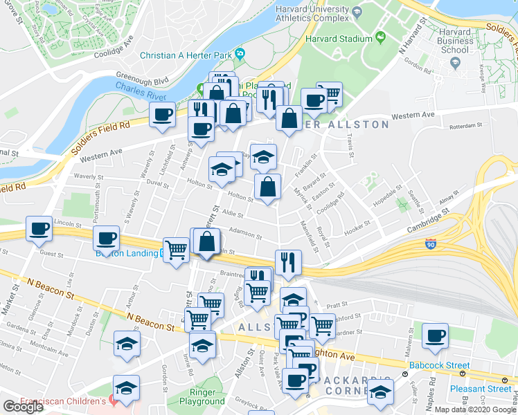 map of restaurants, bars, coffee shops, grocery stores, and more near 52 Athol Street in Boston