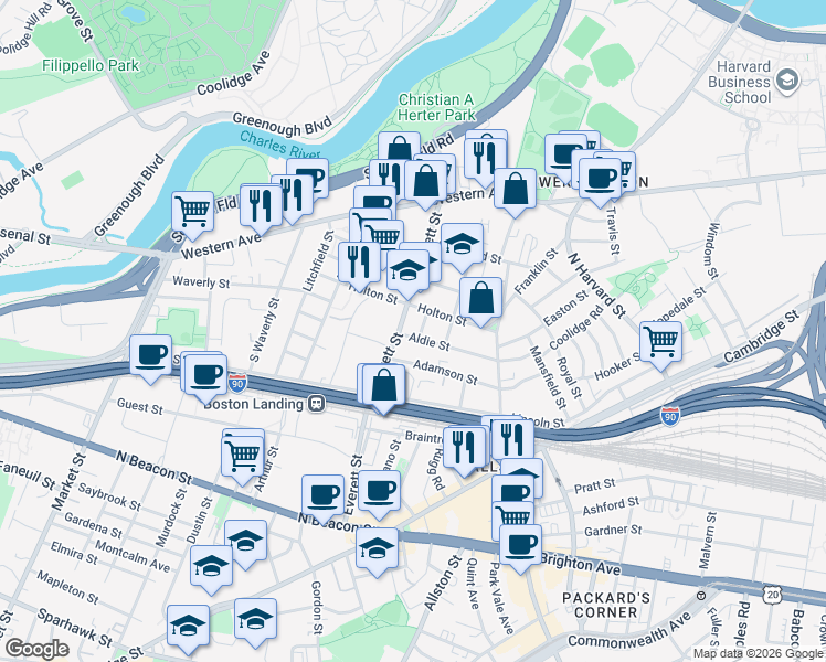 map of restaurants, bars, coffee shops, grocery stores, and more near 18-20 Bagnal Street in Boston