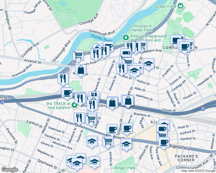 map of restaurants, bars, coffee shops, grocery stores, and more near 53-55 Litchfield Street in Boston