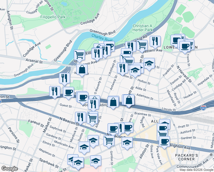 map of restaurants, bars, coffee shops, grocery stores, and more near 25 Duval Street in Boston