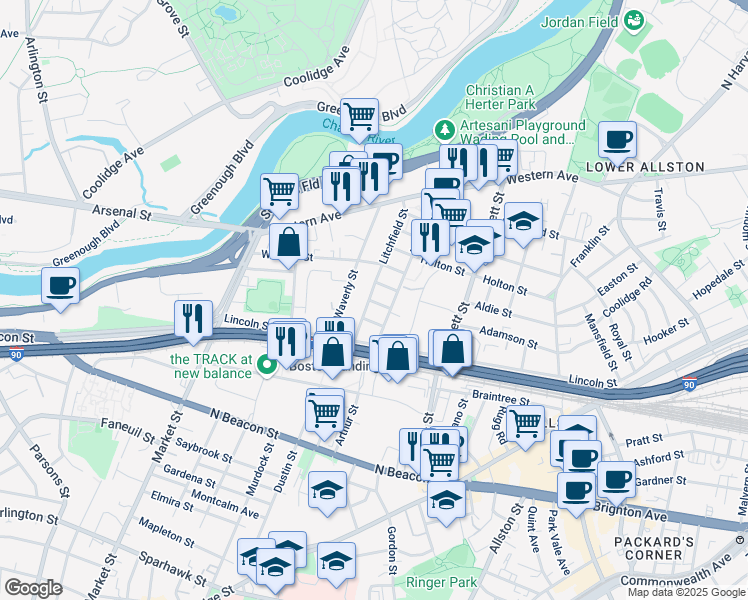map of restaurants, bars, coffee shops, grocery stores, and more near 25 Duval Street in Boston