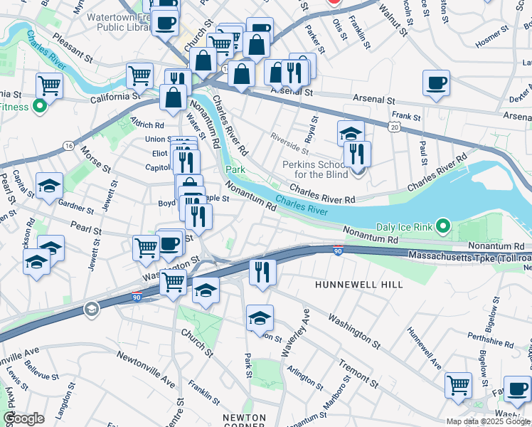 map of restaurants, bars, coffee shops, grocery stores, and more near 8 Russell Road in Newton