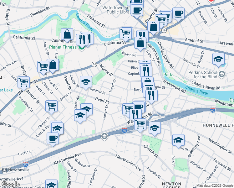 map of restaurants, bars, coffee shops, grocery stores, and more near 4 Jewett Place in Newton