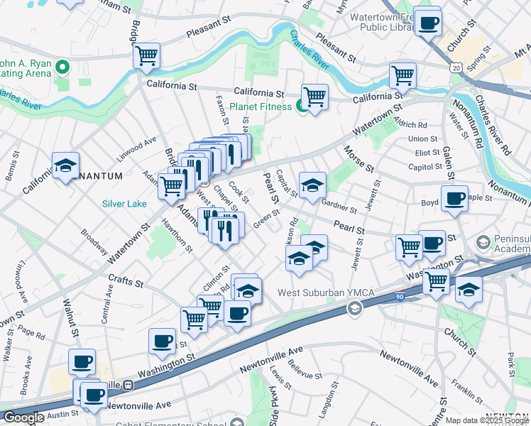 map of restaurants, bars, coffee shops, grocery stores, and more near 50 Cook Street in Newton