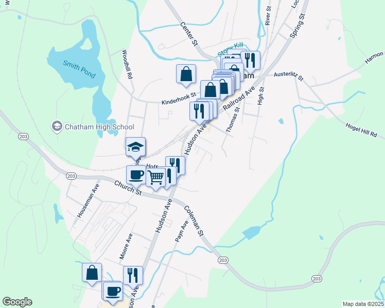 map of restaurants, bars, coffee shops, grocery stores, and more near 40-46 Hudson Ave in Chatham