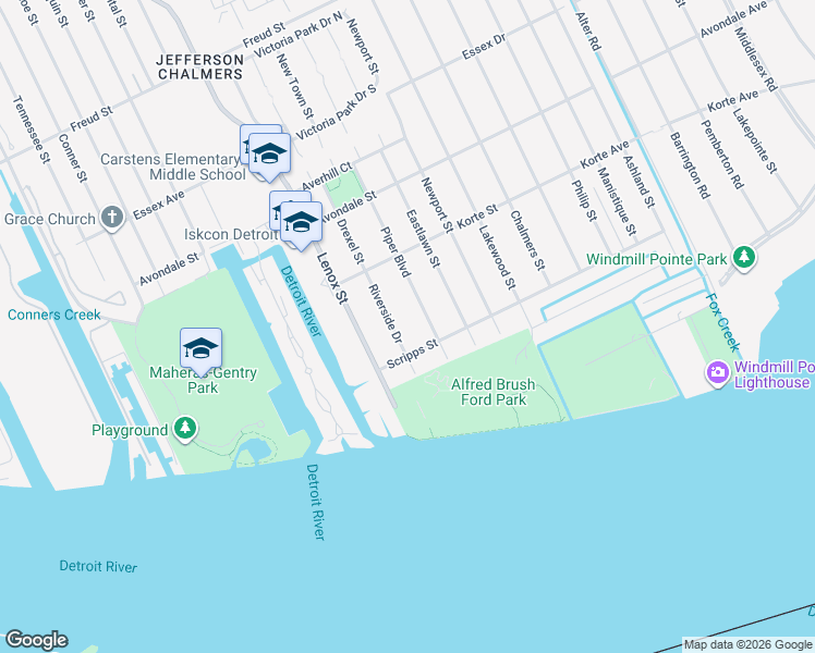 map of restaurants, bars, coffee shops, grocery stores, and more near 252 Riverside Drive in Detroit