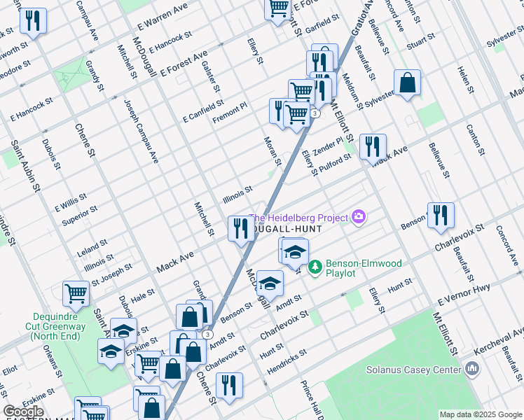 map of restaurants, bars, coffee shops, grocery stores, and more near 3329 Saint Joseph Street in Detroit