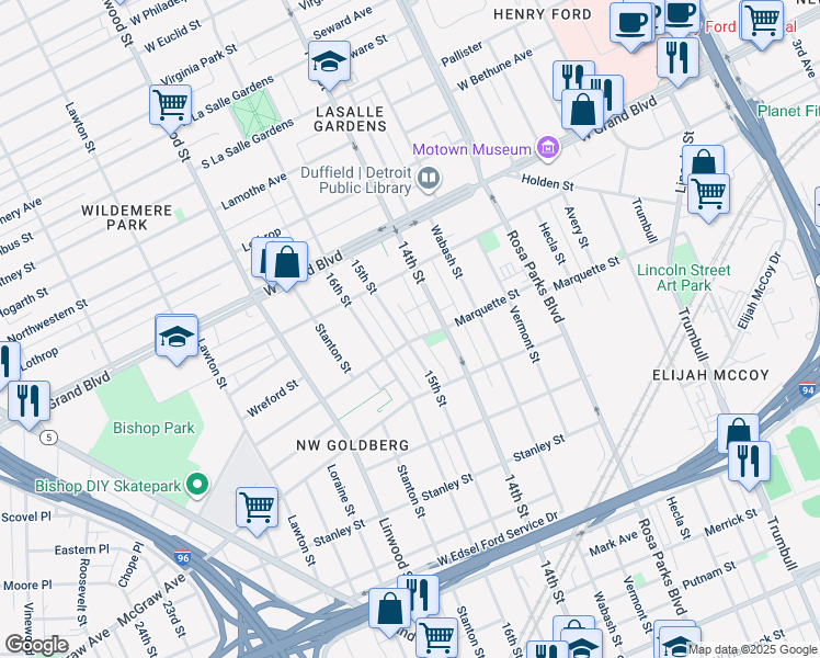 map of restaurants, bars, coffee shops, grocery stores, and more near 2248 Hughes Terrace in Detroit
