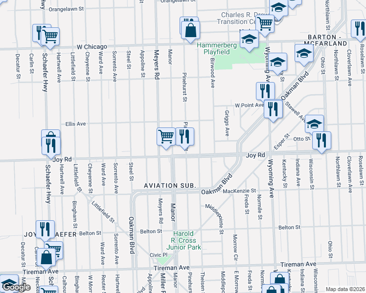 map of restaurants, bars, coffee shops, grocery stores, and more near 8874 Manor Street in Detroit