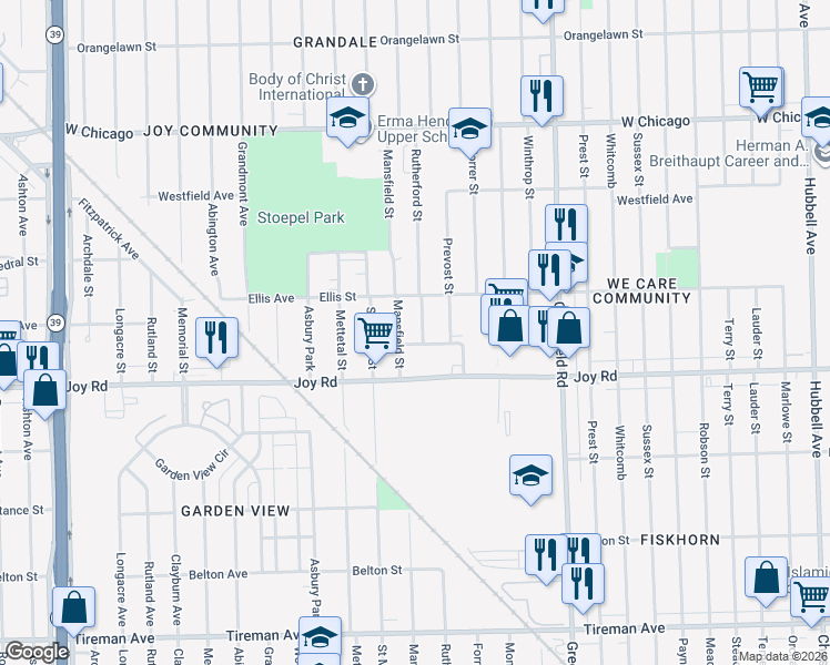 map of restaurants, bars, coffee shops, grocery stores, and more near 8940 Rutherford Street in Detroit