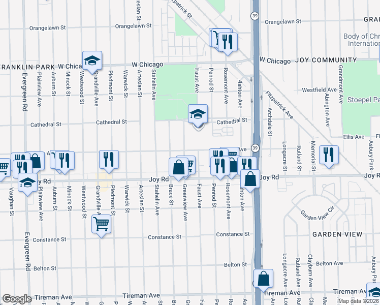 map of restaurants, bars, coffee shops, grocery stores, and more near 18445 Cathedral Street in Detroit