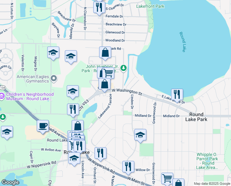 map of restaurants, bars, coffee shops, grocery stores, and more near 120 West Washington Street in Round Lake
