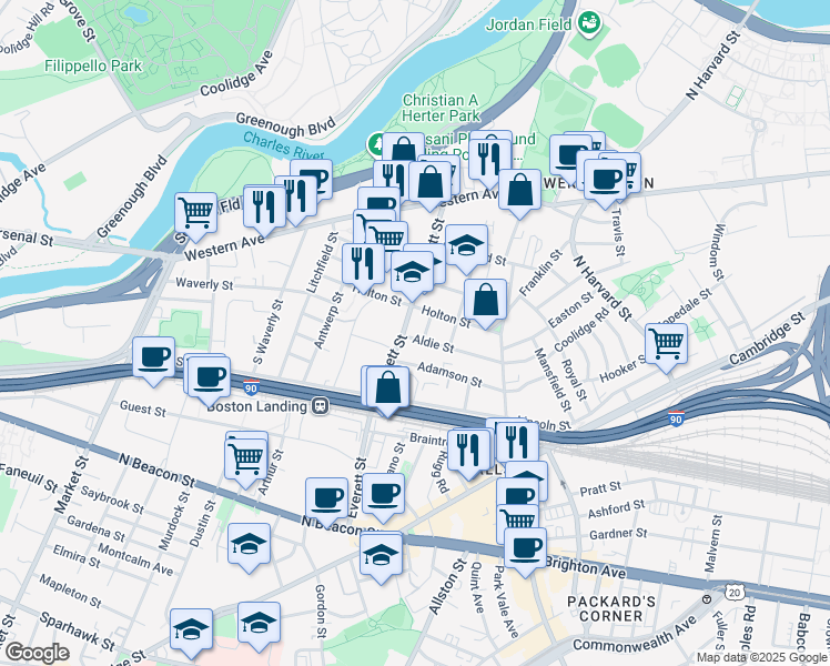 map of restaurants, bars, coffee shops, grocery stores, and more near 18-20 Bagnal Street in Boston