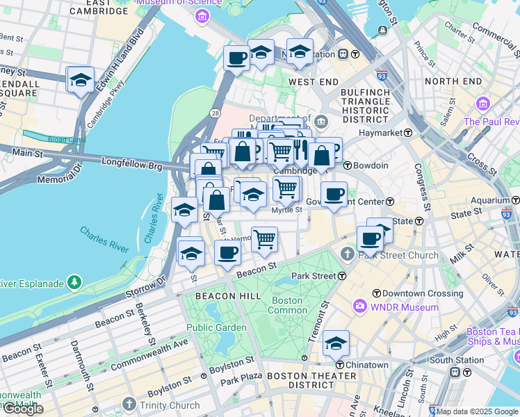map of restaurants, bars, coffee shops, grocery stores, and more near 85 Myrtle Street in Boston