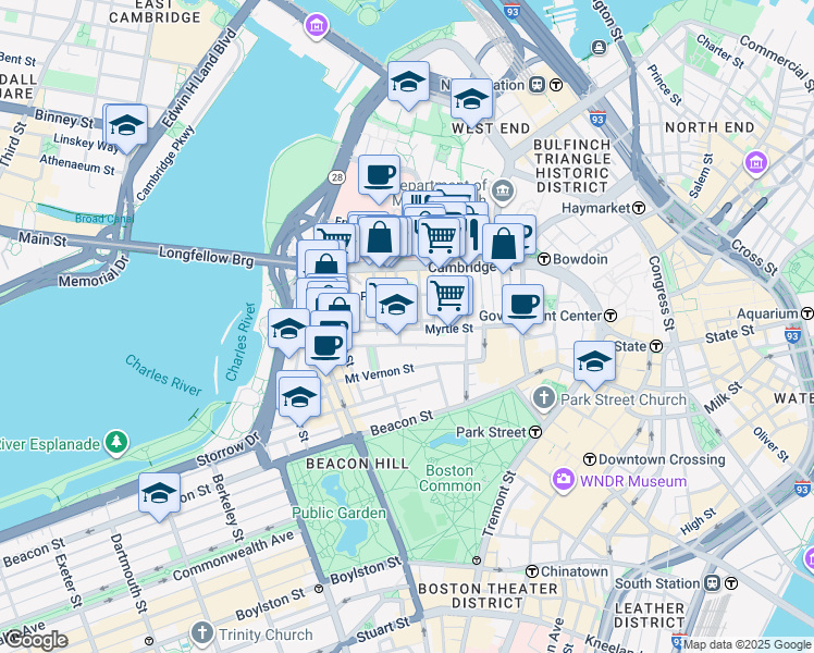 map of restaurants, bars, coffee shops, grocery stores, and more near 45 1/2 Garden Street in Boston