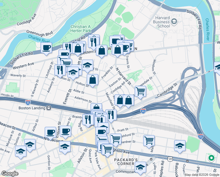 map of restaurants, bars, coffee shops, grocery stores, and more near 52 Easton Street in Boston