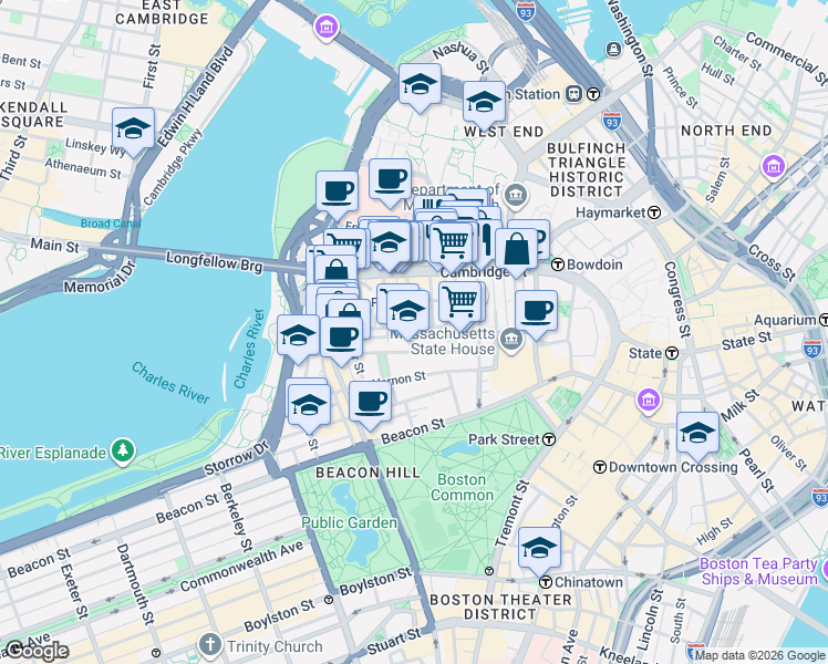 map of restaurants, bars, coffee shops, grocery stores, and more near 45 1/2 Garden Street in Boston