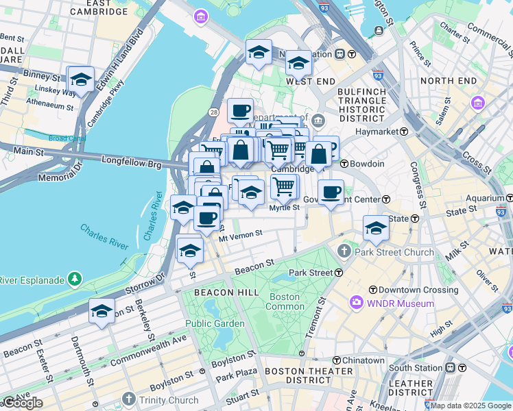 map of restaurants, bars, coffee shops, grocery stores, and more near 45 1/2 Garden Street in Boston