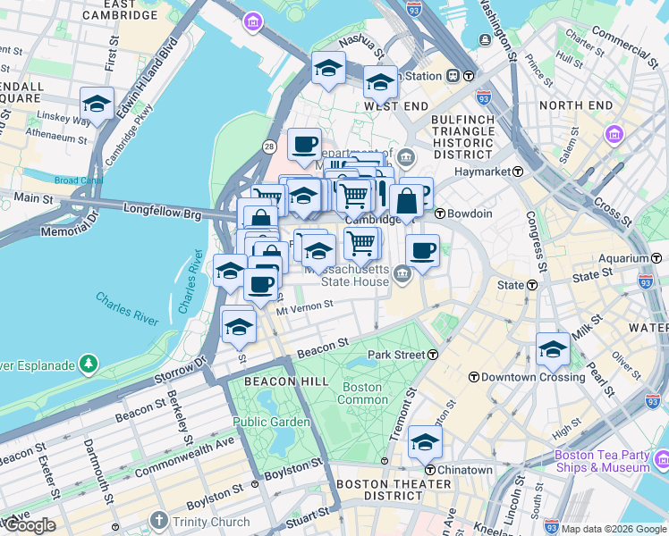 map of restaurants, bars, coffee shops, grocery stores, and more near 45 1/2 Garden Street in Boston