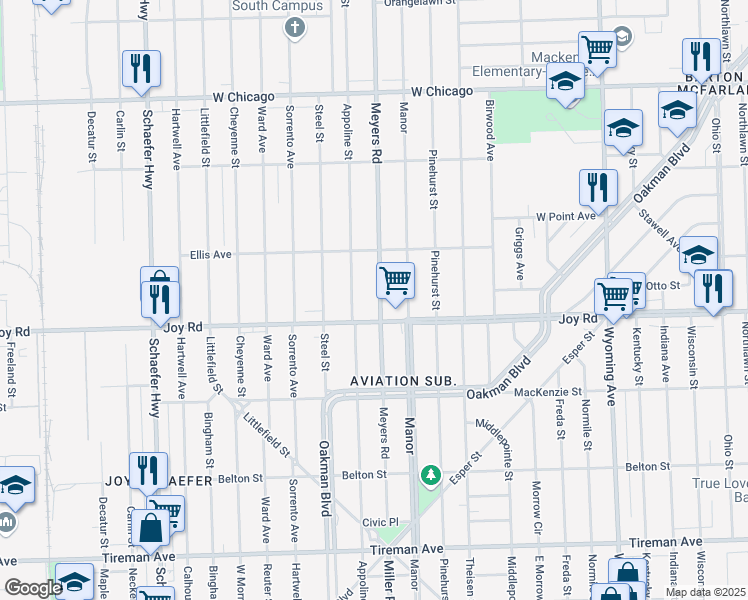 map of restaurants, bars, coffee shops, grocery stores, and more near 8845 Meyers Road in Detroit