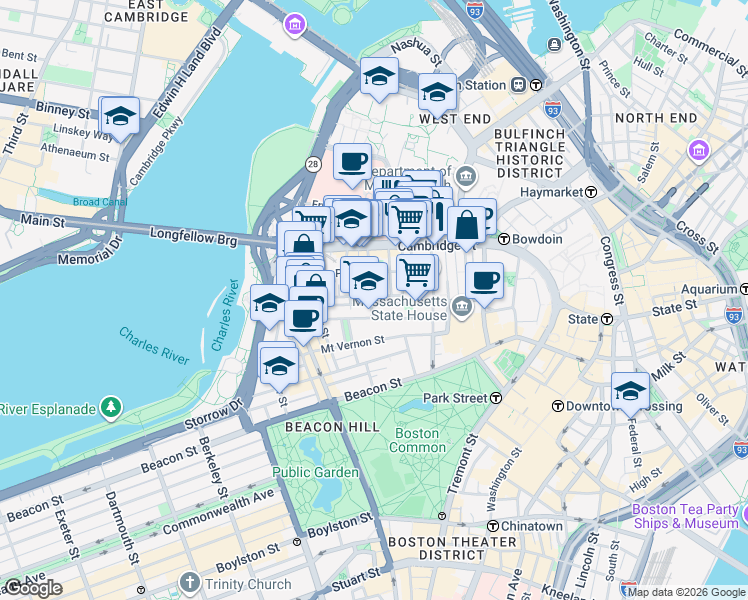map of restaurants, bars, coffee shops, grocery stores, and more near 45 1/2 Garden Street in Boston