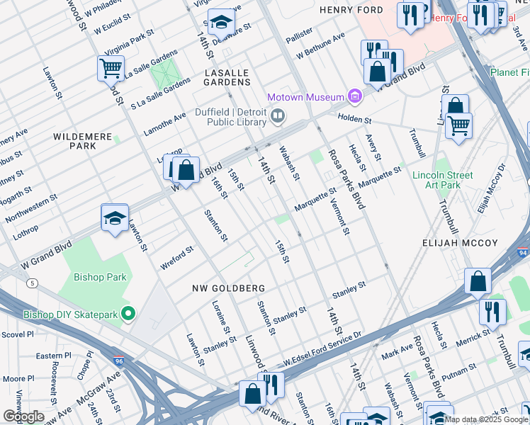 map of restaurants, bars, coffee shops, grocery stores, and more near 2248 Hughes Terrace in Detroit