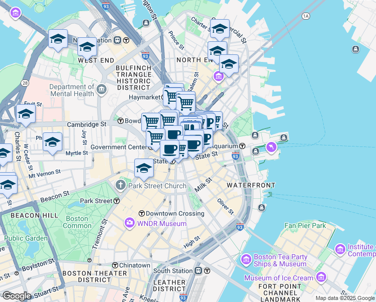 map of restaurants, bars, coffee shops, grocery stores, and more near 1 Faneuil Hall Square in Boston