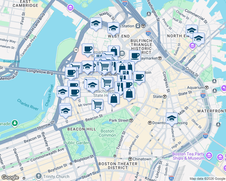 map of restaurants, bars, coffee shops, grocery stores, and more near 72 Joy Street in Boston