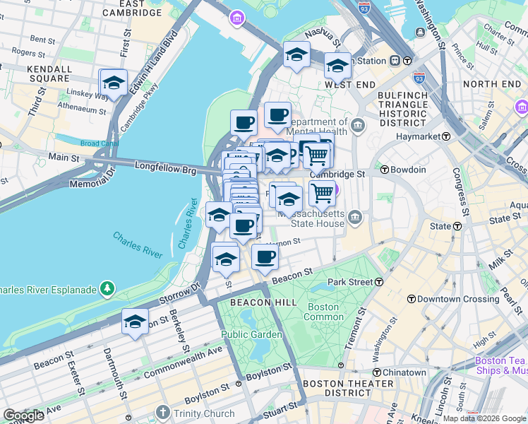 map of restaurants, bars, coffee shops, grocery stores, and more near 67 West Cedar Street in Boston