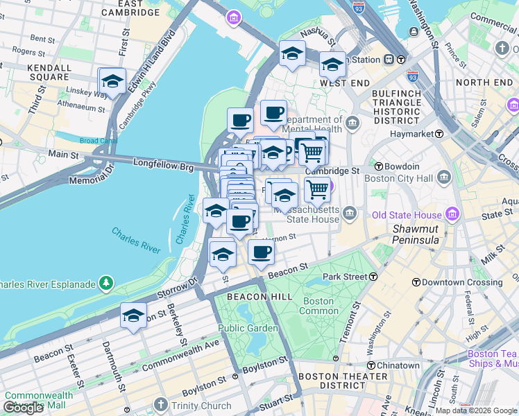 map of restaurants, bars, coffee shops, grocery stores, and more near 67 West Cedar Street in Boston