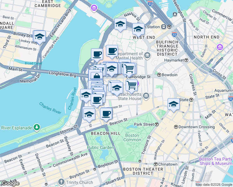 map of restaurants, bars, coffee shops, grocery stores, and more near in Boston