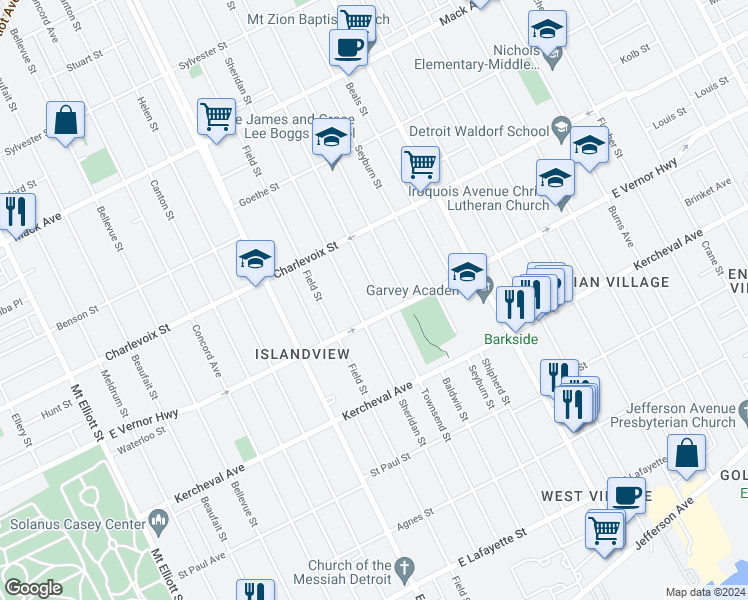 map of restaurants, bars, coffee shops, grocery stores, and more near 2433 Townsend Street in Detroit