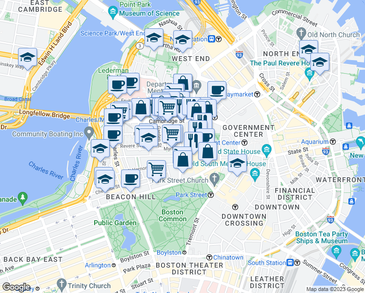 map of restaurants, bars, coffee shops, grocery stores, and more near 72 Joy Street in Boston
