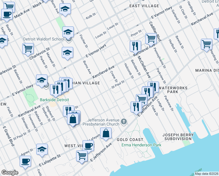 map of restaurants, bars, coffee shops, grocery stores, and more near 1742 Fischer Street in Detroit