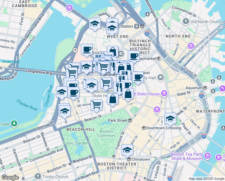 map of restaurants, bars, coffee shops, grocery stores, and more near 72 Joy Street in Boston