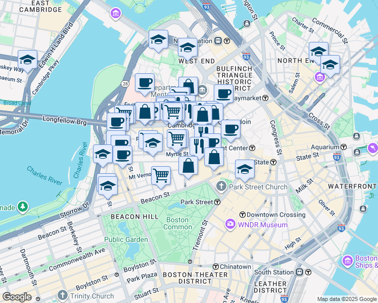 map of restaurants, bars, coffee shops, grocery stores, and more near 72 Joy Street in Boston