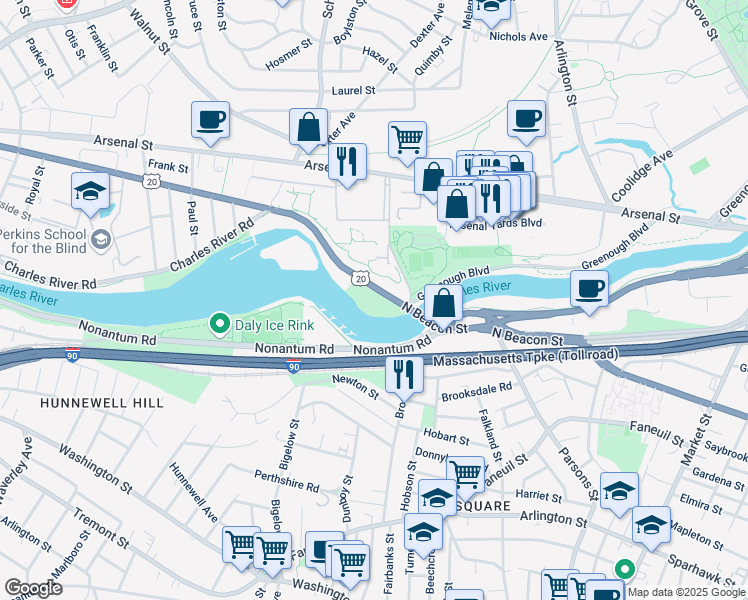 map of restaurants, bars, coffee shops, grocery stores, and more near 398 North Beacon Street in Watertown