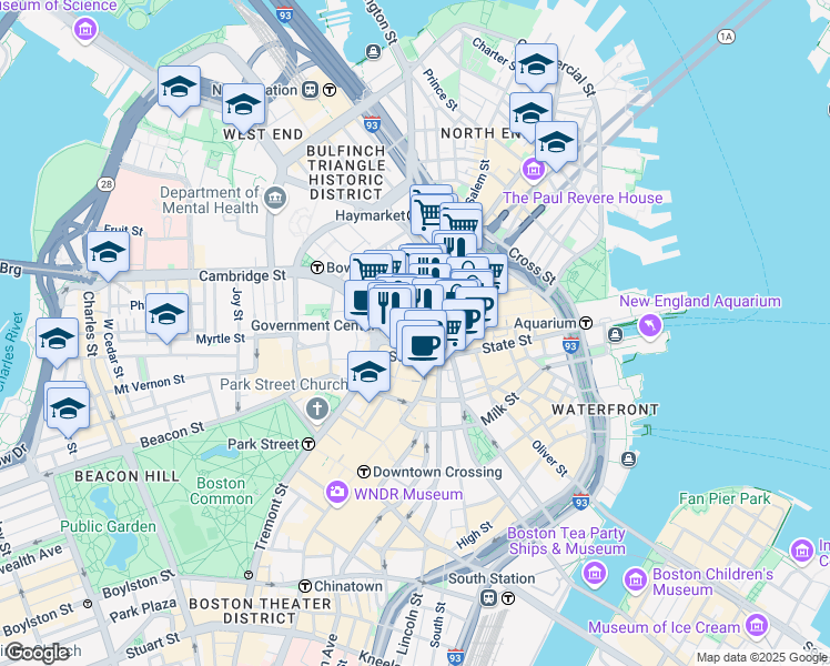 map of restaurants, bars, coffee shops, grocery stores, and more near 2-84 Cornhill in Boston