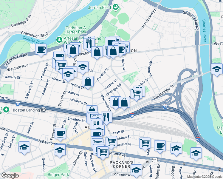 map of restaurants, bars, coffee shops, grocery stores, and more near 24 Easton Street in Brookline